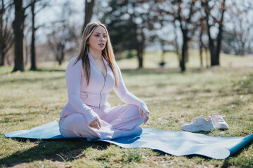 A woman sits in a peaceful cross-legged posture on a yoga mat outdoors, enjoying nature's serenity...