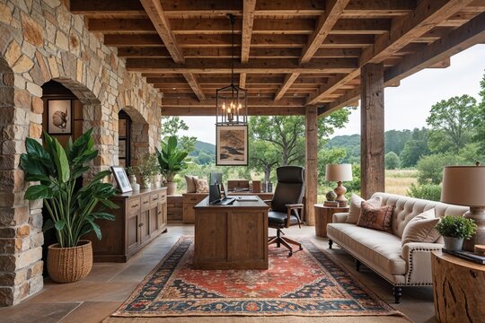 Cozy Rustic Breezeway Office Design Featuring Organic Decor and Inviting Atmosphere