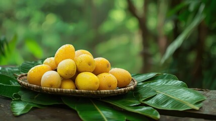 A handful of wampee fruits placed on a leaf-lined plate