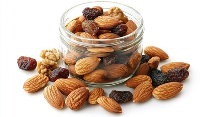 A healthy snack mix featuring pili nuts, almonds, and dried fruits in a glass jar