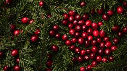 A holiday-themed scene with cranberries and evergreen branches