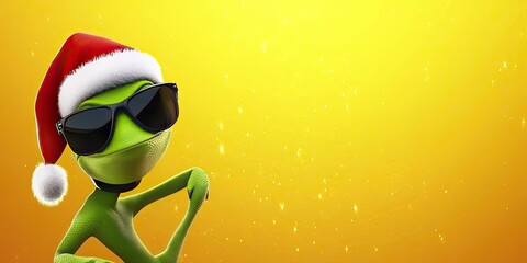 Animated green frog wearing a Santa hat and sunglasses, against a bright yellow background