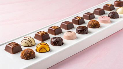 Delicious chocolate candies and pralines on a white plate, featuring a variety of milk and dark chocolates with nuts, perfect for a sweet treat or a gift