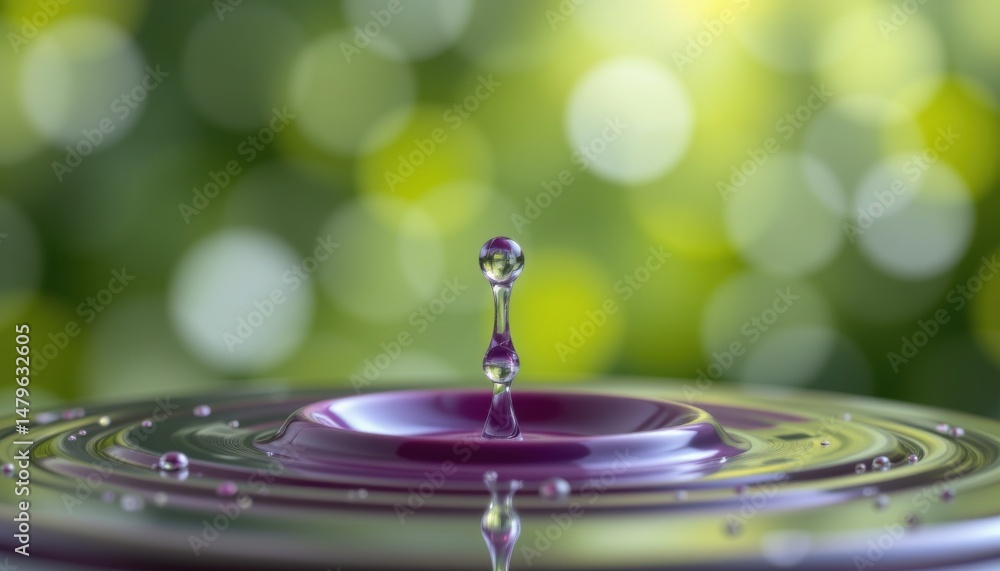 Aufkleber a single water droplet splashes into a liquid surface, creating a ripple effect with a soft, green b