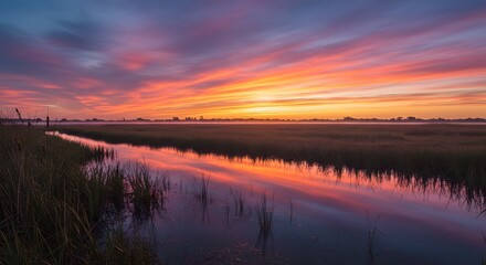 Obraz premium Serene Sunrise: Marsh Reflection in a Pastel Sky