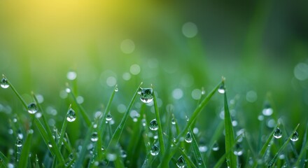 Fototapeta premium Dewdrops cling to green blades a blurry world reflected in liquid spheres