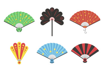 Isolated open fan with intricate art and traditional asian decoration style for festive summer celebration breeze elegance beauty pattern hand-made symbol blue red flat vintage

