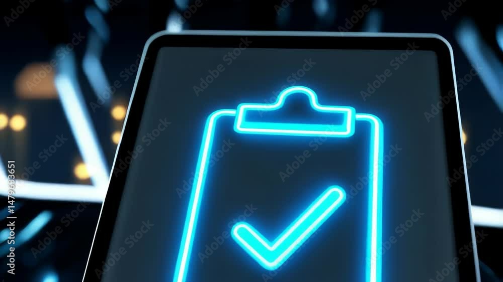 Poster neon clipboard and checkmark displayed on a digital tablet screen against an abstract futuristic bac