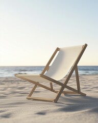 Serene Beach Chair: A minimalist beach chair stands on a sandy beach, inviting relaxation and tranquility, with the serene ocean stretching out under a clear sky. 