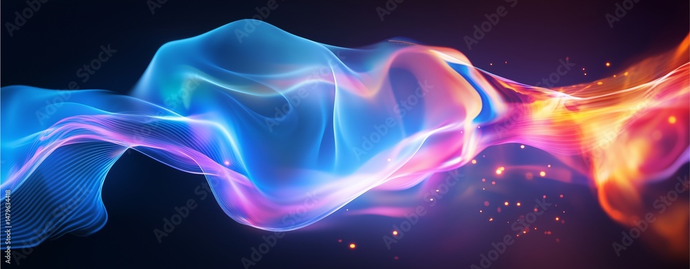 Poster energy flow: abstract swirling vibrant blue and red energy streams, glowing with particles, creating