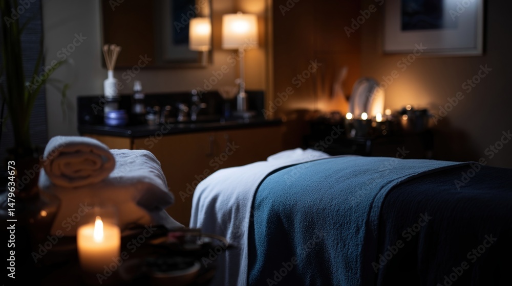 Aufkleber towels and blankets are neatly arranged on a massage table in a dimly lit spa room, creating a tranq