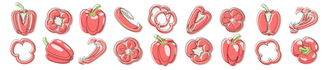 Bell pepper red continuous one line drawing icon set. Outline peppers vegetable collections isolated on a white background. Vector illustration