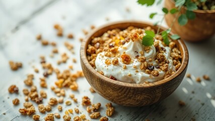 Healthy Breakfast, Wooden Bowl, Granola Yogurt