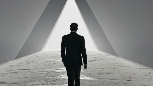 Silhouetted man walking into a bright triangular light tunnel.