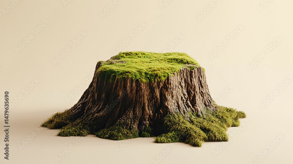 Poster detailed tree stump moss covered nature scene realistic 3d render isolated beige background high res