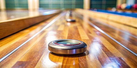 Indoor recreation a close-up view of a polished wooden shuffleboard table with metallic pucks