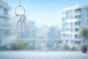 Elegant silver keys on ring with blurred architectural backdrop