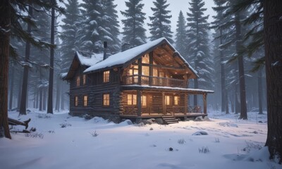 Falling snow blankets cabin & pines in snowy woods,  branches,  snowy