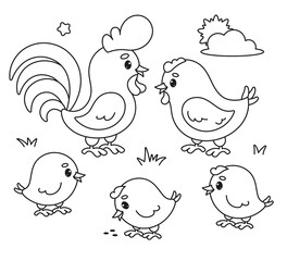 Cute Chicken Family in Nature Coloring Page. Vector Illustration