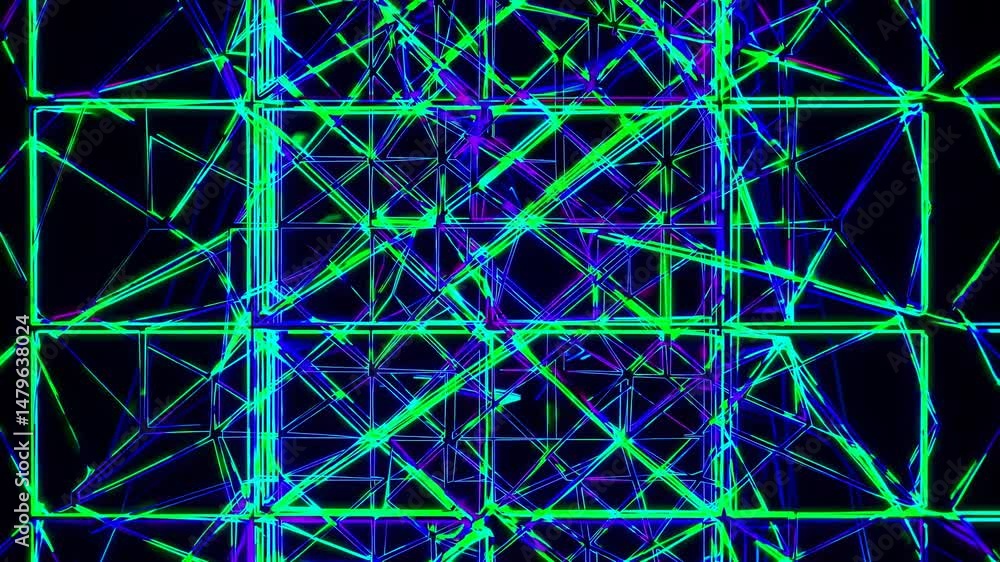 Poster colorful geometric shapes transforming dynamically, moving and shifting across deep shadowy backdrop