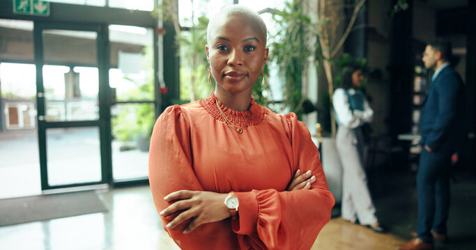 Portrait, business and woman with confidence in office with job as green consultant in net zero startup. Pride, professional employee and worker with arms folded as sustainability advisor coworking