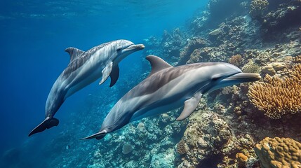 Fototapeta premium Two Dolphins Swimming Gracefully Underwater Ocean Coral Reef Wildlife Nature Aquatic Marine Life Beautiful Undersea Scene Amazing Underwater World 