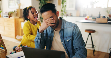 Man, child and frustrated in home with remote work, distraction or noise at laptop. Entrepreneur...