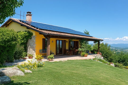 Sunny yellow house with a veranda, set on a grassy hill overlooking a valley, features solar panels on the roof. Lush landscaping surrounds the home