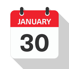 January 30 Daily Calendar. Red Theme on White Background