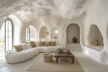 Serene and spacious interior featuring soft white plaster walls, cozy curved sofa with neutral cushions, and minimalist decor elements that create tranquil atmosphere