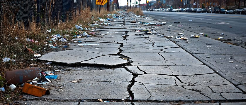 Damaged Urban Sidewalk With Litter
