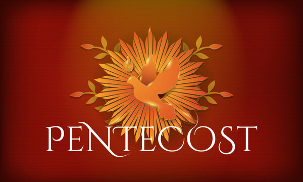 Gold Pentecost Sunday Banner. Golden holy spirit with Pentecostal fire on the backdrop of ostensorium rays on red textured background. Glowing Pentecost symbol design. Vector Illustration.