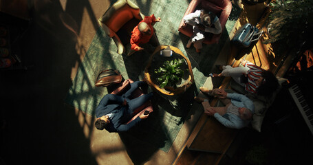 Above, meeting and business people in office, planning or brainstorming for project, talking or...