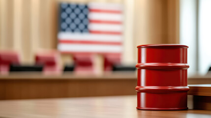 Obraz premium A red oil barrel sits on a table in a courtroom with an American flag in the background, suggesting a legal issue related to energy or oil.