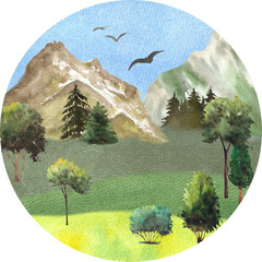 Peaceful Watercolor Mountain Meadow with Trees and Birds