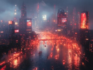 Fototapeta premium A futuristic megacity at night, glowing with neon lights and holographic billboards, enveloped in a misty cyberpunk atmosphere