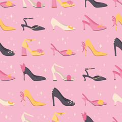 Pattern with high heels shoes illustrations. Seamless texture with modern trendy shoes. Festival female footwear. Stylish flat cartoon collection. Vector pattern on pink background