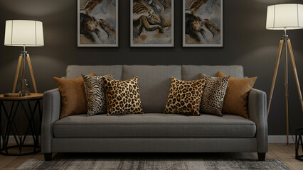Living Room with Gray Sofa and Animal Print Pillows Home Decor