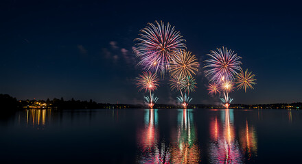 Fototapeta premium Colorful Fireworks Display Reflecting on Calm Water at Night Sparkling Brightly