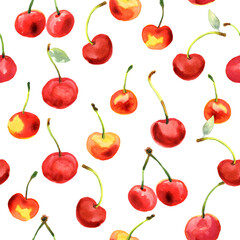 Yellow, red cherry. Watercolor summer fruity seamless pattern, digital paper. Stock illustration