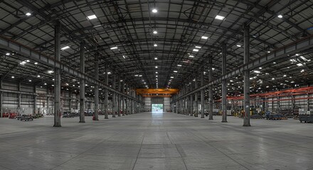 Vast industrial warehouse interior showcasing architectural framework and spaciousness