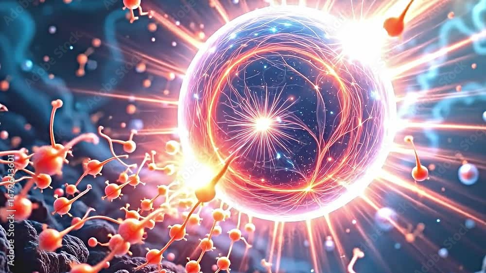 Aufkleber vibrant dynamic scene filled glowing glowing spheres intricate networks of orange red tendrils. thes