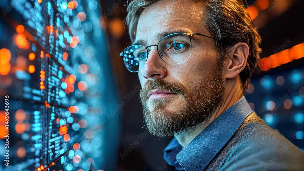 Poster a young man with glasses and a beard working in a data center, using a tablet. bright red server lig