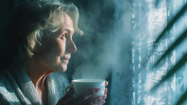 A Moment of Serenity: An elder woman, bathed in soft light, finds comfort in a warm drink, her gaze lost in peaceful contemplation. 