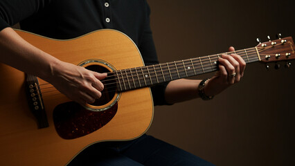 Obraz premium Playing Acoustic Guitar Close-up Hand on Strings