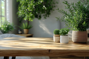 Wooden table with small potted plants and greenery in a cozy indoor setting.