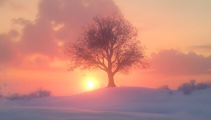 Obraz premium A solitary tree silhouetted against a winter sunset.