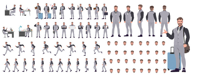 Man Character design. Front, side, back view and explainer animation poses. Character set with lip sync and facial expressions of Happy, angry, sad, Joy with Side walk cycle animation sequence sprite 