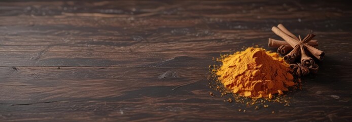 Dried turmeric, coriander & cinnamon on dark wood tabletop,  macro,  close up,  autumn