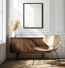 A minimalist modern interior background features a mockup poster frame in a 3d render